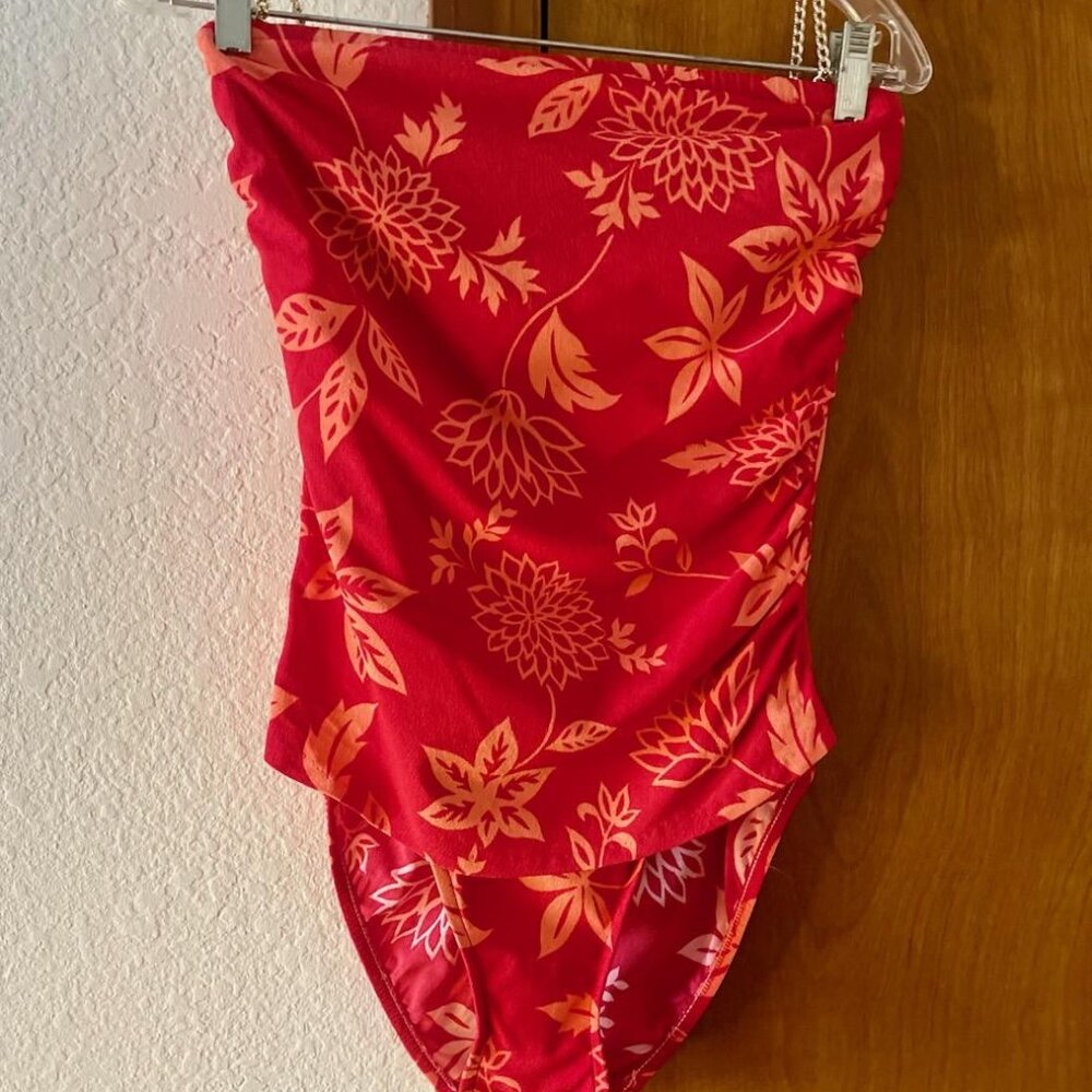 Bill Blass Swim-Red with Cream Color Flowers-Size 14-One Piece